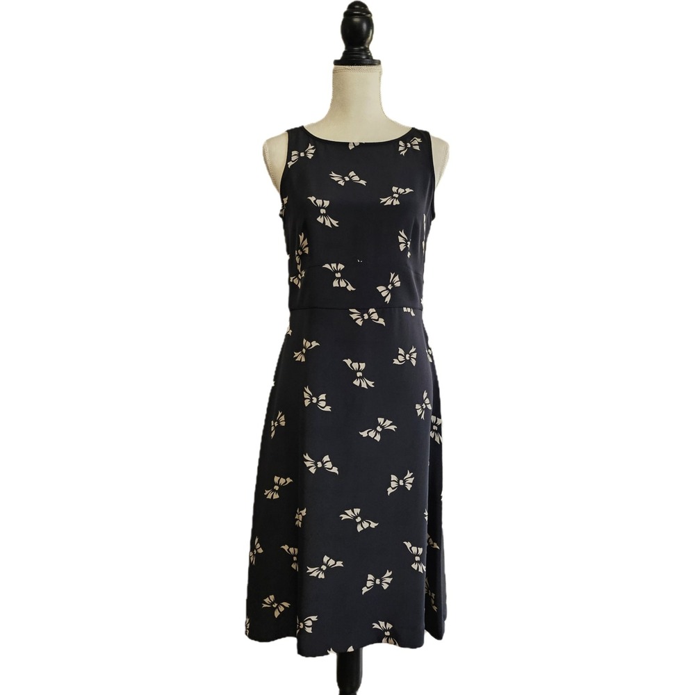 Talbots Collection Pure Silk Bow Print Black A-Line Dress Size 6 Coquette Office